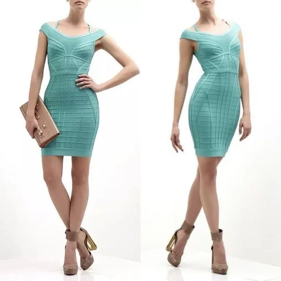 Herve Leger Connie viscose-blend dress in aqua jade size S small